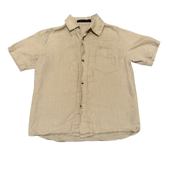 Perry Ellis Boys 100% Linen Short Sleeve Button-Up Shirt 6 Tan Casual Resort - Picture 1 of 4